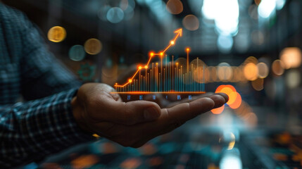 A businessman is holding an upward arrow and analyzing economic growth using a business growth graph, encompassing finance and banking, marketing, strategy, and corporate planning.
