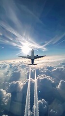 Plane flying over the clouds with the sun in the background. Travel background. Vertical background