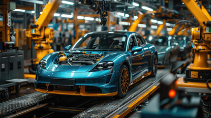 A generic EV battery pack on an electric car production line inside a modern factory, The lithium-ion high-voltage battery is designed for electric vehicles or hybrid cars.