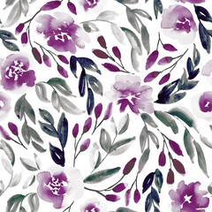 Watercolor floral in purple and grey. Seamless pattern.  - 789880644