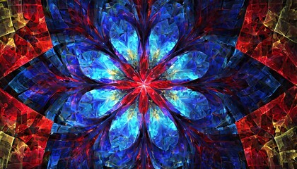 Fractal flower pattern in vibrant colors Digital fractal design. Flower pattern in abstract stained glass.