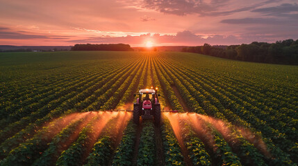aerial view shows a tractor spraying pesticides on a green soybean plantation at sunset.