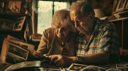 Obraz premium Sharing a tearful embrace as they, the old couple, sort through old photographs in their attic.