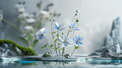 beautiful fresh a Nemophila with river made from metal , pastel blue white and green, minimalist style