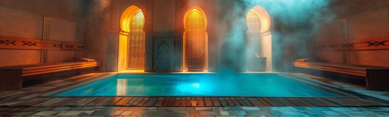 Pool in a building with a fountain in it. Hammam background. Banner - obrazy, fototapety, plakaty