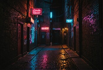 Neon-Lit Urban Alley at Night Background, Backdrop
