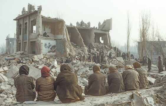 In front of homes that have been damaged by an earthquake or a military missile strike are homeless people