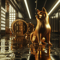 Dogecoin, Shiba Inu, virtual currency, cryptocurrency market, meme-fueled hype, 3D render, Silhouette lighting, Vignette - obrazy, fototapety, plakaty