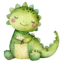 Cute baby green dinosaur watercolor clipart illustration isolated on transparent background © Milkghost