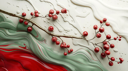 beautiful fresh a branch of coffee beans berries with river made from metal , red green white and green, minimalist style