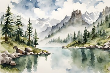 Tranquil Alpine Lake: Watercolor Painting of Misty Mountains and Rocky Cliffs