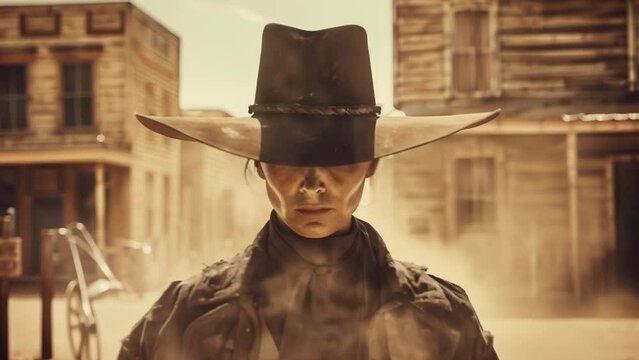 In a dusty Western town, a man in a black hat fixes a steely gaze. Clad in a leather coat and vest, he cuts an outlaw figure. 