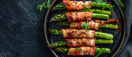 3 asparagus spears wrapped in bacon, placed on an black plate, top down view - obrazy, fototapety, plakaty