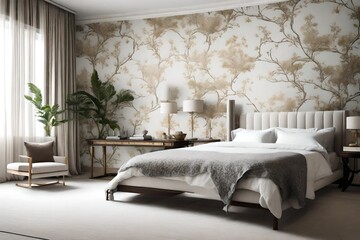 a serene bedroom retreat with an exquisite wallpaper accent.