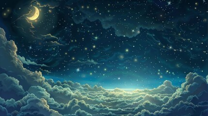 Fototapeta na wymiar Enchanted Night Sky Over Cloud Seascape A serene vista showcases a starry night sky with a whimsical crescent moon, casting a celestial glow over a sea of soft clouds, creating a dreamlike atmosphere.