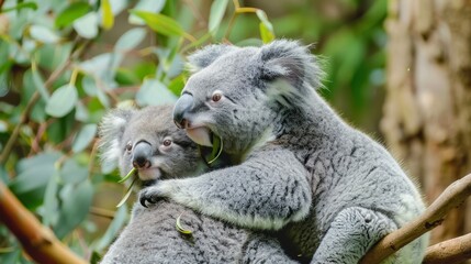 Obraz premium A playful baby koala clinging to its mother's back
