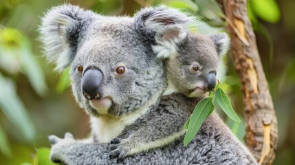 Obraz premium A playful baby koala clinging to its mother's back