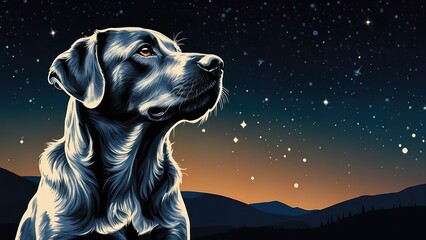 Artistic Vector Artwork Against a Blue and Black Space Background, Vector Art Depicting the Celestial Dog in a Cosmic Blue Setting, Artistic Representation of Canis Major in Vector Format on Space 