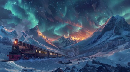 Mystical Winter Train Ride Under Aurora Skies A vintage train steams through a snowy mountain pass under the awe-inspiring aurora borealis
