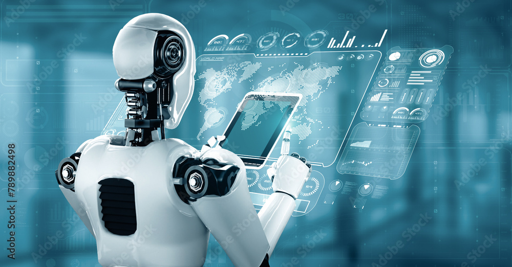 Poster mlb 3d illustration robot hominoid using tablet computer for big data analytic using ai thinking bra