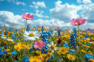 Fototapeta na wymiar Beautiful field meadow flowers chamomile, blue wild peas in morning against blue sky with clouds