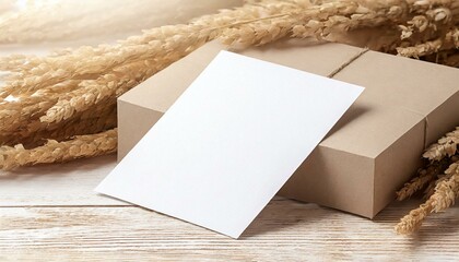 Blank White Card on Wooden Background: Cardboard Paper Design Template
