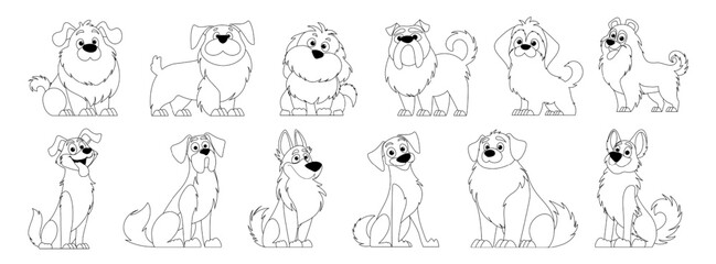 Cute Dogs Vector Set in Lineart Style. Cartoon Characters of Dogs or Puppies Creating a Collection with Different Breeds. Set of Funny Pets.