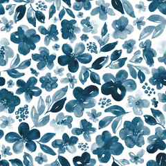 Watercolor floral in dark teal blue. Seamless pattern.  - 789882821