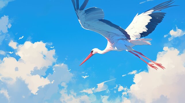 A majestic stork soars high against a backdrop of a clear blue and white sky in this captivating 2d illustration