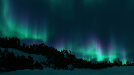 A beautiful green and red aurora dancing over the hills
