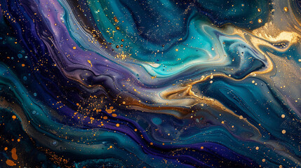Fluid art painting of a galaxy, with deep space blues, purples, and gold stars creating a cosmic luxury. Perfect for unique wall art.