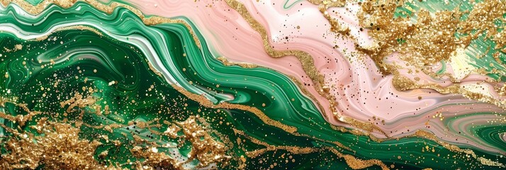 Epoxy resin texture with green, gold and pink background. Banner Abstract marble waves coloured with crushed gold. Executed in the style of liquid art. - obrazy, fototapety, plakaty