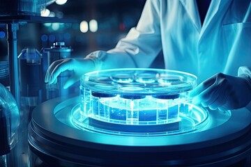 Fototapeta premium A man in a lab coat concentrating on working with a machine in a laboratory setting. Generative AI