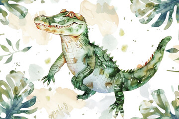 Fototapeta premium A Crocodile cute watercolor seamless white background.