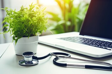 A stethoscope, pen, note pad, and laptop are arranged on a desk next to a small potted plant in an...