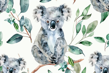 A Koala cute watercolor seamless white background.