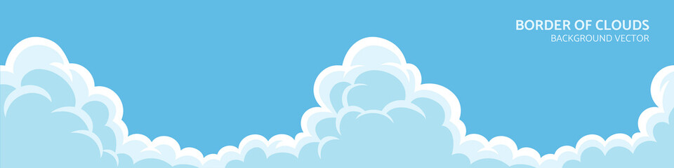 Sky with fluffy clouds on sunny day. Cartoon summer time with blue cloudscape. Paradise heaven background.