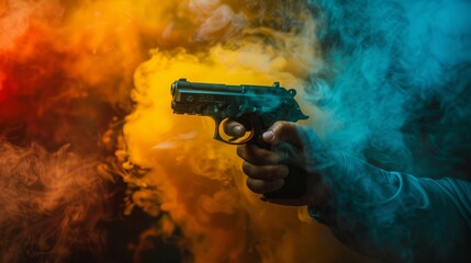 Gun Violence concept . Male hand holding gun on black background with smoke yellow orange red white colored back lights  - obrazy, fototapety, plakaty