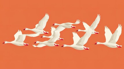 A digital illustration of a graceful flock of white geese in flight, set against a striking orange sky, evoking a sense of freedom and movement..