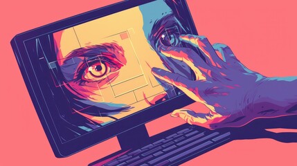 An eye catching clipart showcasing a hand emerging from a computer screen - obrazy, fototapety, plakaty