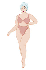 Happy plus size girl with hair wrap towel in a lingerie