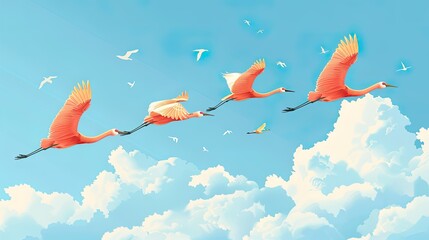 A vibrant digital art piece capturing the beauty of scarlet ibis birds soaring through a blue sky dotted with fluffy white clouds.. - obrazy, fototapety, plakaty