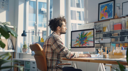 A graphic designer in a bright, airy studio, drawing on a digital sketchpad, styled as digital abstract art.