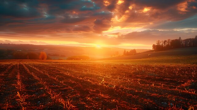 Field Sunset: A tranquil evening scene with orange hues, clouds drifting over a green landscape, as the sun dips below the horizon