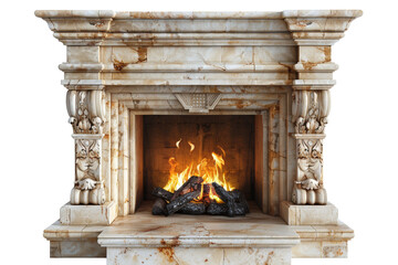 Fototapeta premium Elegant marble fireplace with ornate carvings and flickering flames isolated on transparent background