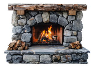 Rustic stone fireplace with a wooden mantel and burning fire isolated on transparent background