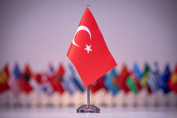 The small flag of Turkey is red with a white star and crescent on the cone.