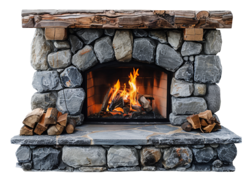 Rustic stone fireplace with a wooden mantel and burning fire isolated on transparent background
