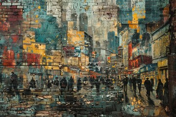 Amidst the weathered bricks, a mural of bustling city life emerges, each brushstroke depicting the relentless rhythm of work. - obrazy, fototapety, plakaty