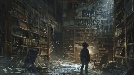 Silhouetted child with a backpack gazing at an illuminated book in a magical library with floating papers.